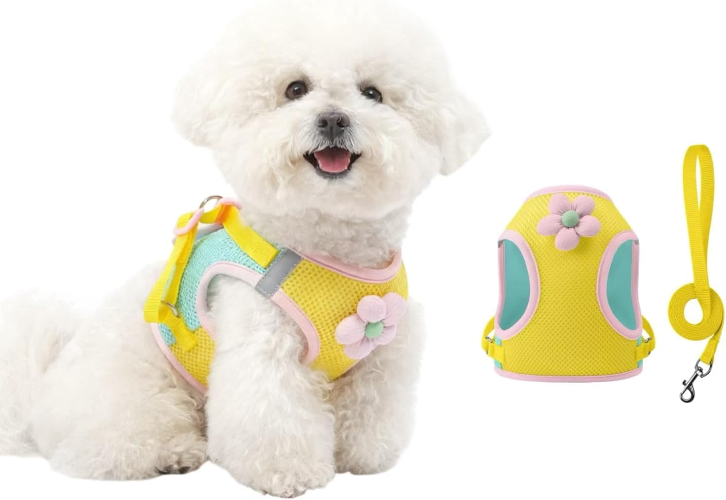 "Floral Mesh Dog Harness with Leash, Lightweight Pet Vest for Small to Medium Dogs & Cats, Adjustable, Pink/Yellow - M (12-15 lbs)"