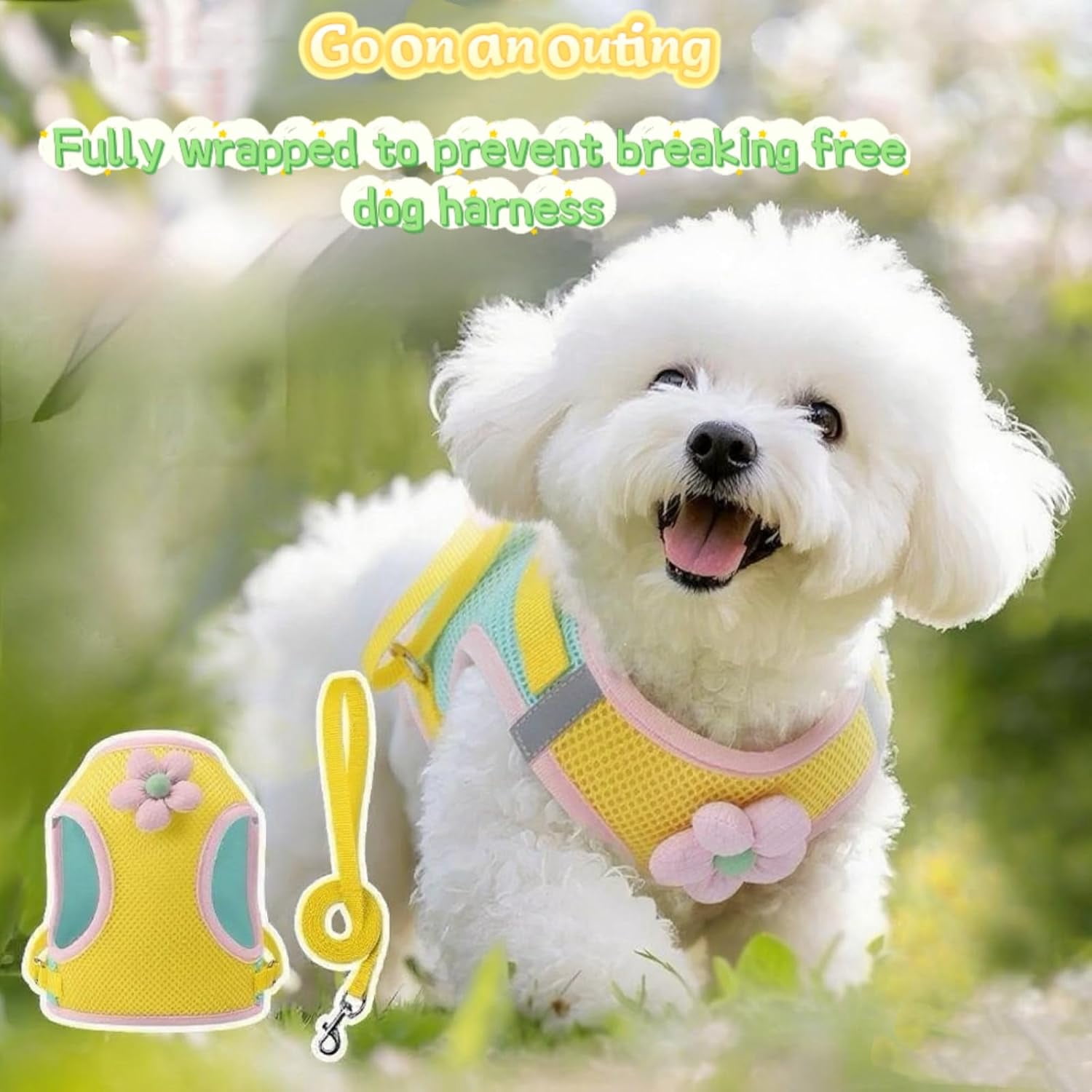 "Floral Mesh Dog Harness with Leash, Lightweight Pet Vest for Small to Medium Dogs & Cats, Adjustable, Pink/Yellow - M (12-15 lbs)" - Image 2