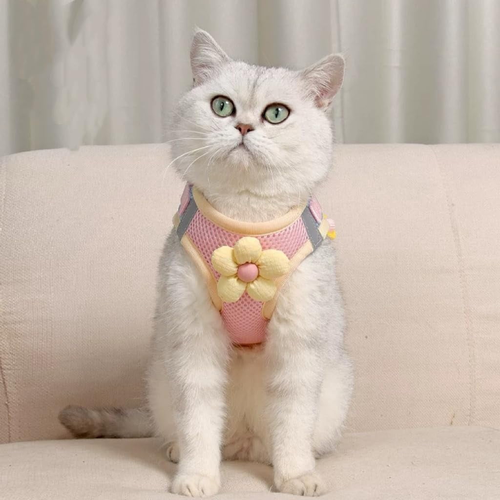 "Floral Mesh Dog Harness with Leash, Lightweight Pet Vest for Small to Medium Dogs & Cats, Adjustable, Pink/Yellow - M (12-15 lbs)" - Image 3