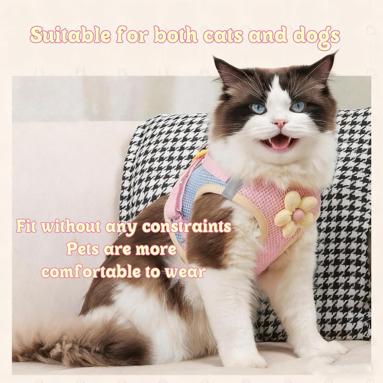 "Floral Mesh Dog Harness with Leash, Lightweight Pet Vest for Small to Medium Dogs & Cats, Adjustable, Pink/Yellow - M (12-15 lbs)" - Image 5