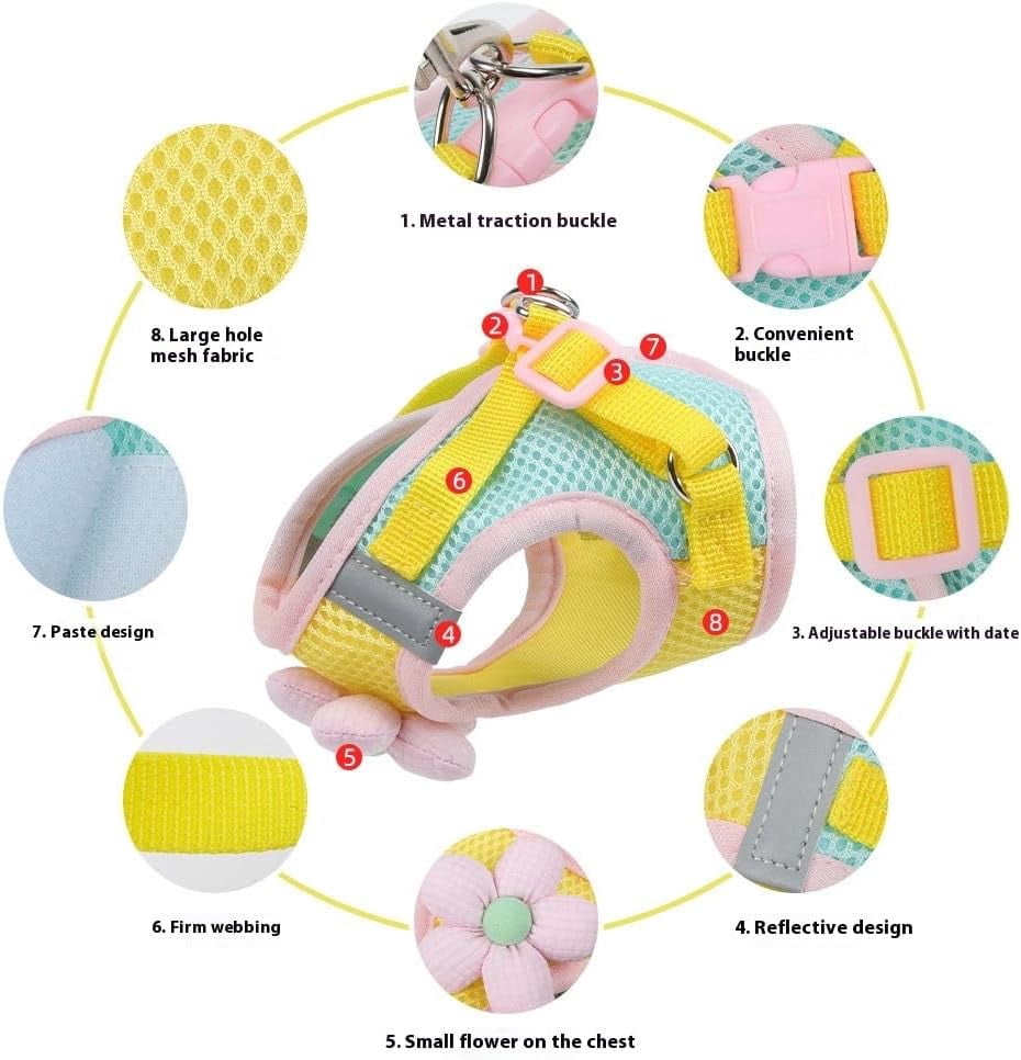 "Floral Mesh Dog Harness with Leash, Lightweight Pet Vest for Small to Medium Dogs & Cats, Adjustable, Pink/Yellow - M (12-15 lbs)" - Image 8