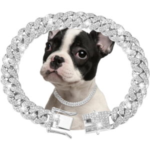 Gold Dog Chain Collar Diamond Cuban Link Dog Collar 13mm Wide Dog Necklace Metal Cat Chain Pet Crystal Collar Jewelry Accessories for Small Medium Large Dogs Cats