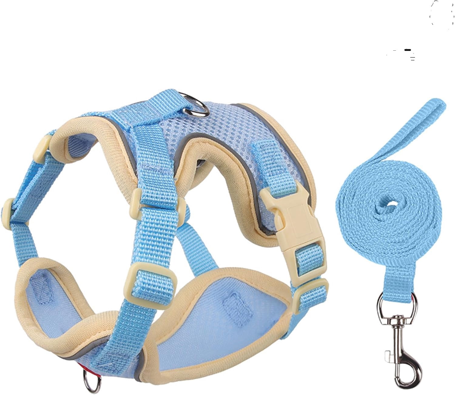 "Adjustable Cat Harness and Leash Set, Escape-Proof Reflective Vest for Cats & Small Dogs, Soft Breathable Mesh, Pressure-Reducing Design, 5ft Leash, XL - Beige & Blue"