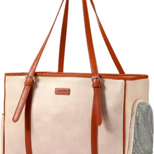 Fashion Dog Purse Pet Carrier Leather Bag for Small Dogs Cats Puppy, Portable Tote Bag Airline Approved Soft-Sided Carriers (Beign)