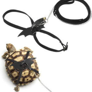 Tortoise Leash Harness, Adjustable Turtle Chest Collar with Bell & Wings, Leather, Large, Black