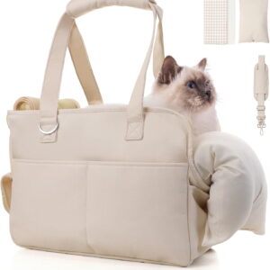 Dog Purse Carrier for Small Dogs & Puppies Up 10 Lbs, Soft Cotton Tote Pet Shoulder Bag with Pockets, Foldable & Washable Breathable Puppy Carrier for Yorkie, Chihuahua & Cats - Beige