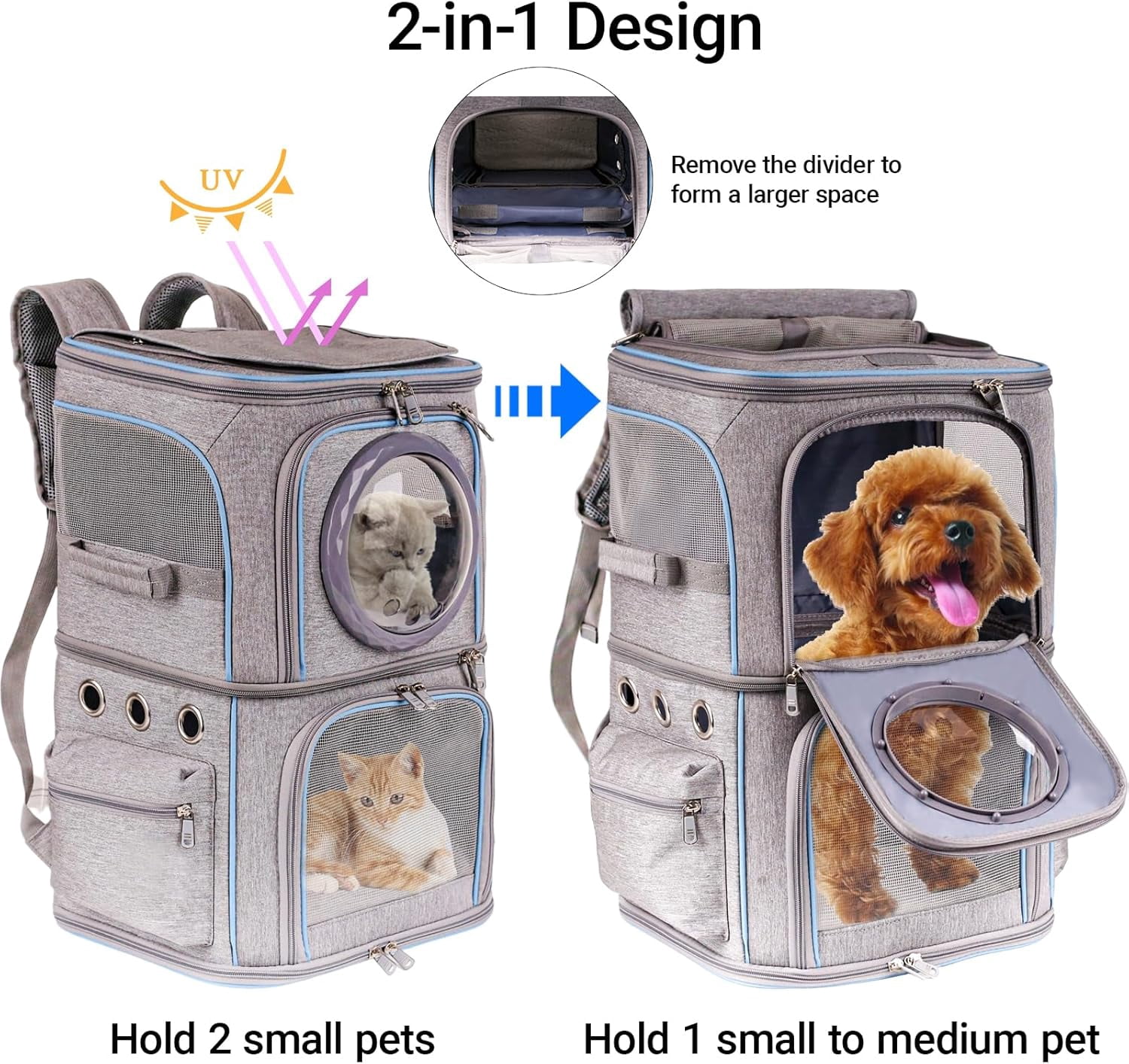 2-in-1 Pet Carrier Backpack for Two Cats or One Dog, Double-Layer 2 Compartment Carry Bag to Transport Small Animals Traveling and Hiking, Space Capsule Clear Bubble Dome - Image 2
