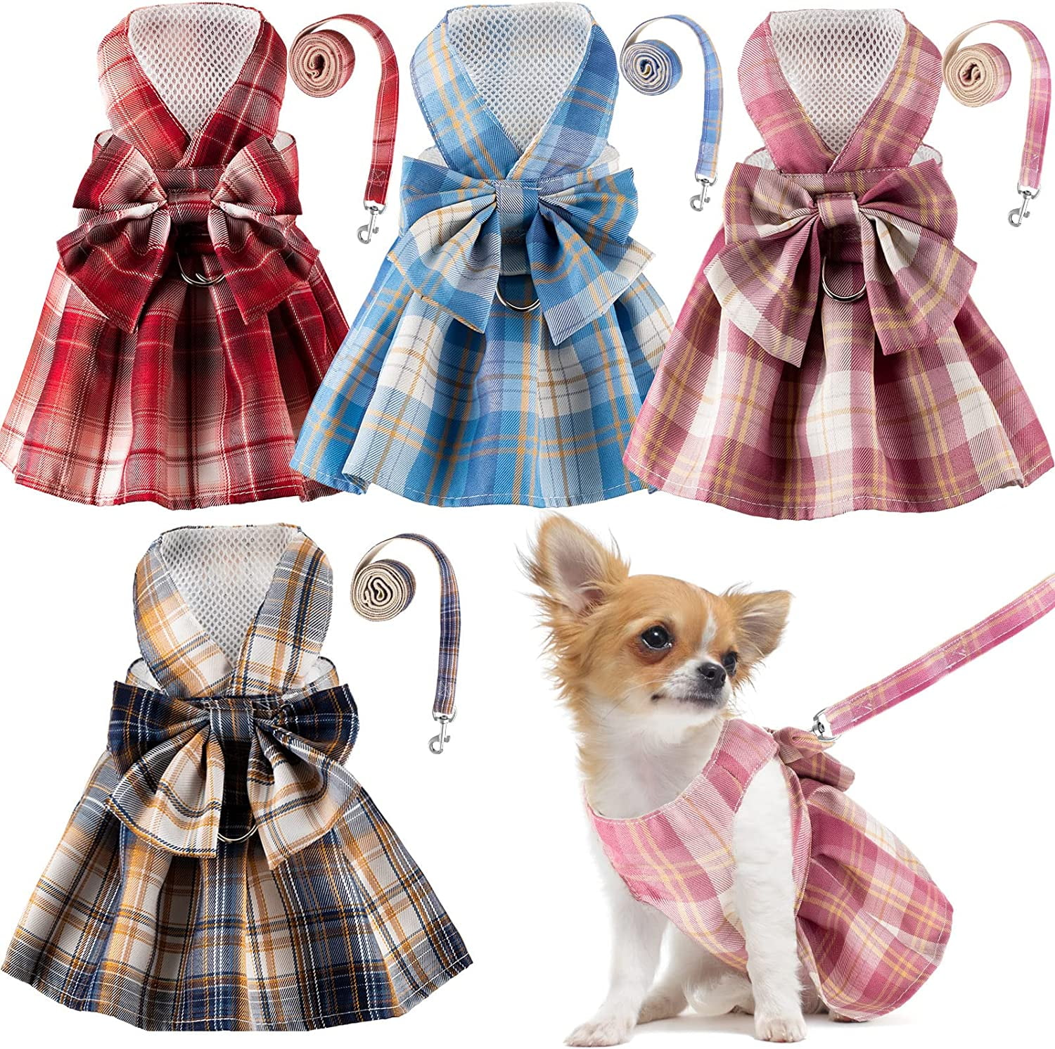 4 Pcs Cute Plaid Dog Dress Set with Bow Tie Harness & Leash for Small Dogs, Puppy Clothes for Girls Outfits(S,Dark Color)