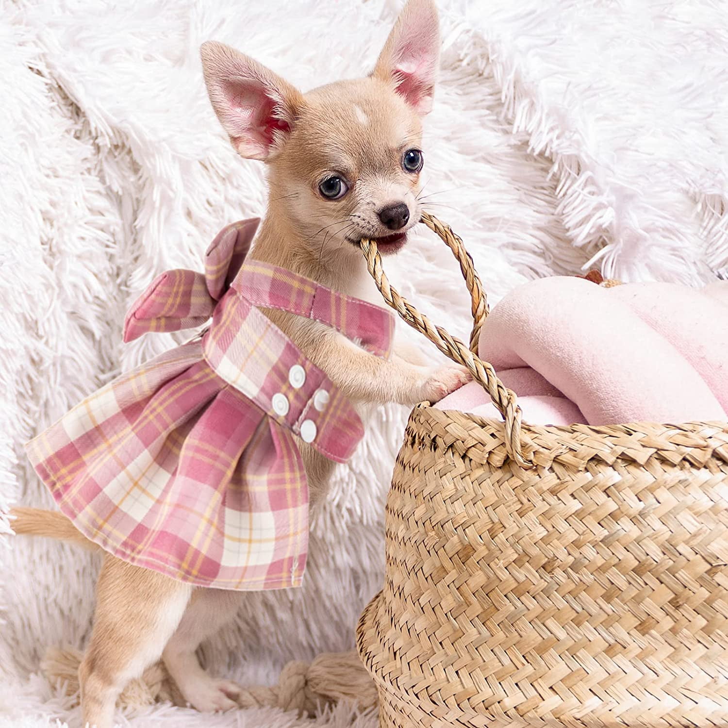 4 Pcs Cute Plaid Dog Dress Set with Bow Tie Harness & Leash for Small Dogs, Puppy Clothes for Girls Outfits(S,Dark Color) - Image 3