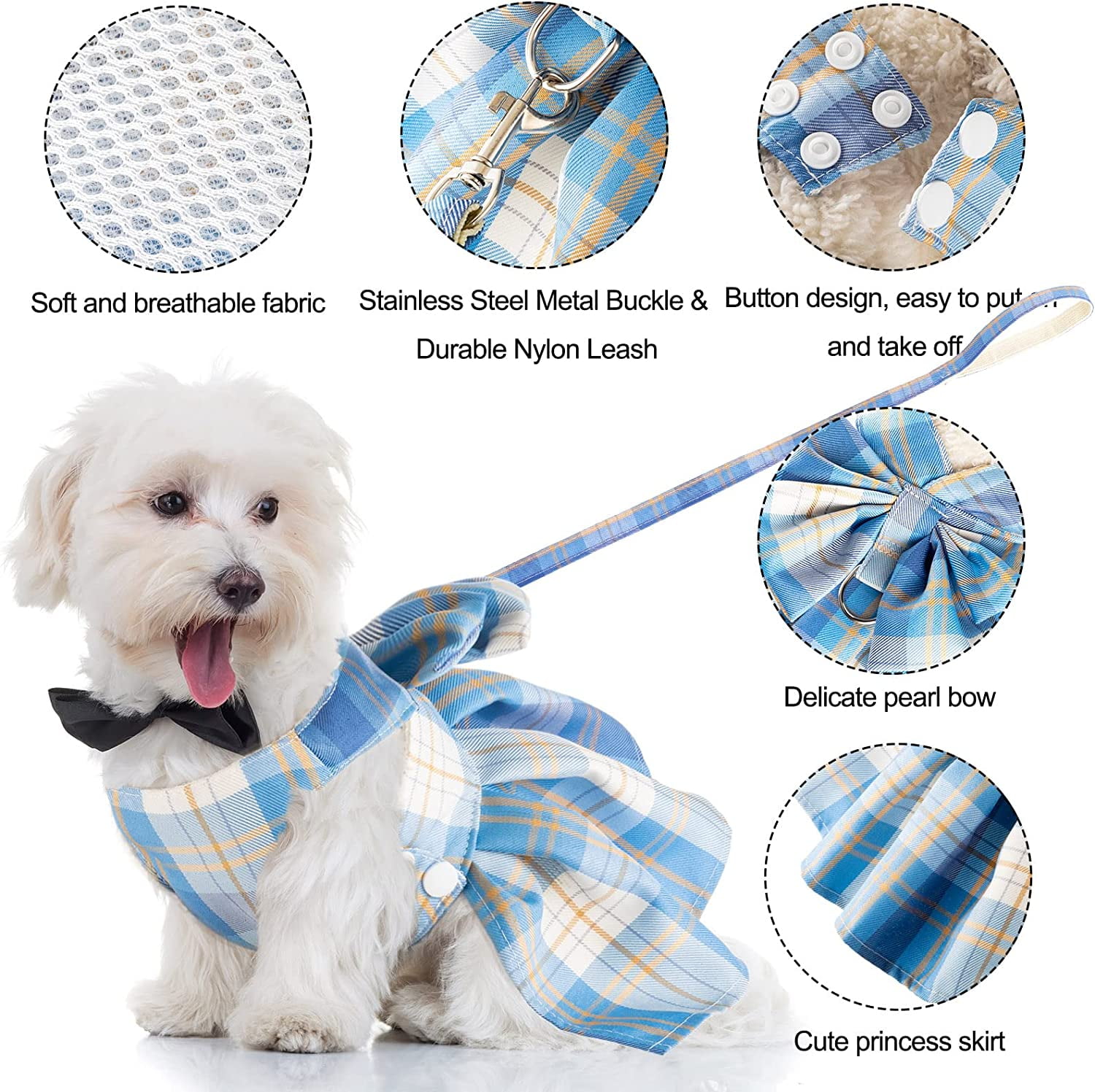4 Pcs Cute Plaid Dog Dress Set with Bow Tie Harness & Leash for Small Dogs, Puppy Clothes for Girls Outfits(S,Dark Color) - Image 5