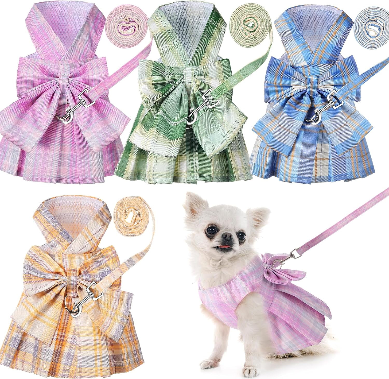 4 Pcs Cute Plaid Dog Dress Set with Bow Tie Harness & Leash for Small Dogs, Puppy Clothes for Girls Outfits(S,Dark Color) - Image 6