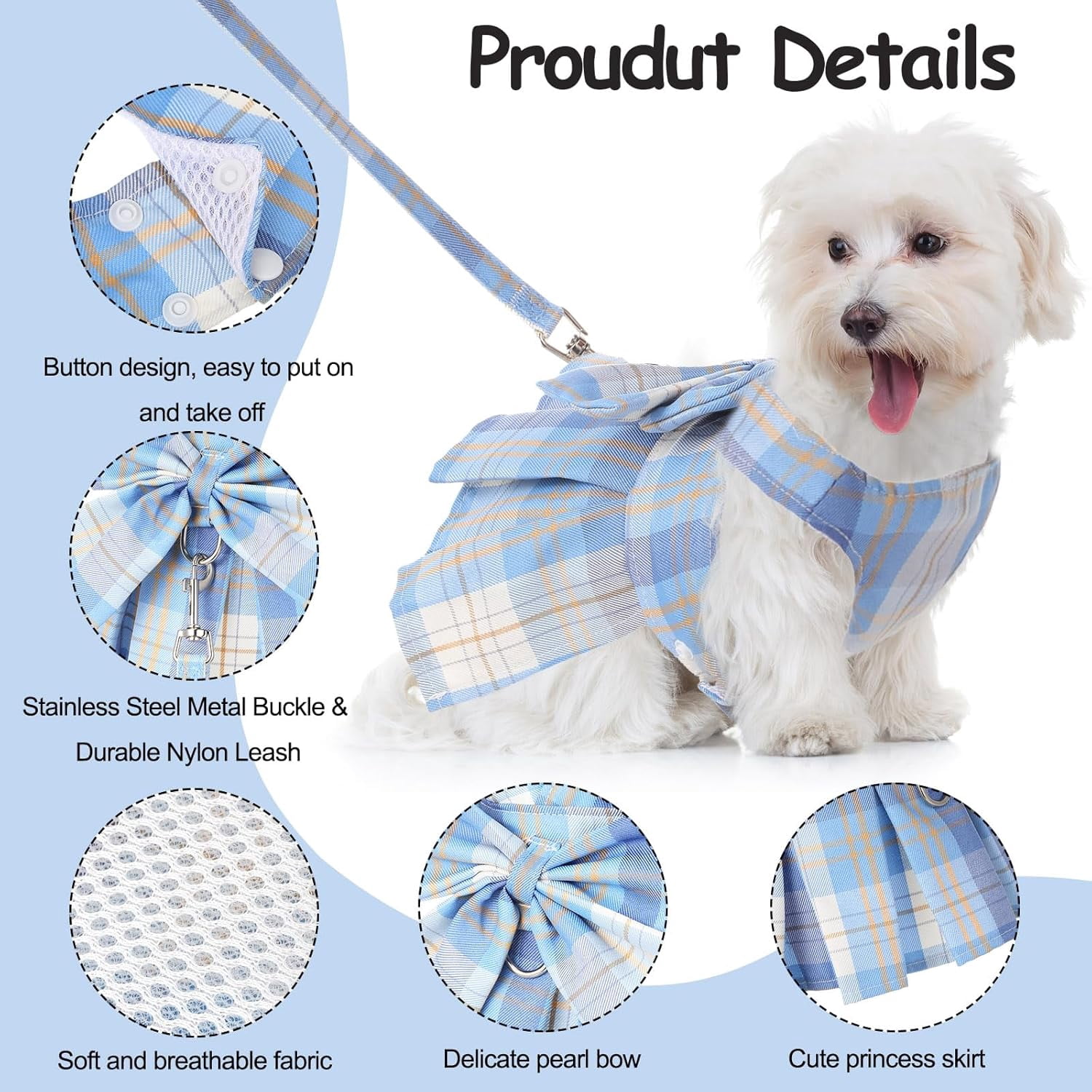 4 Pcs Cute Plaid Dog Dress Set with Bow Tie Harness & Leash for Small Dogs, Puppy Clothes for Girls Outfits(S,Dark Color) - Image 10