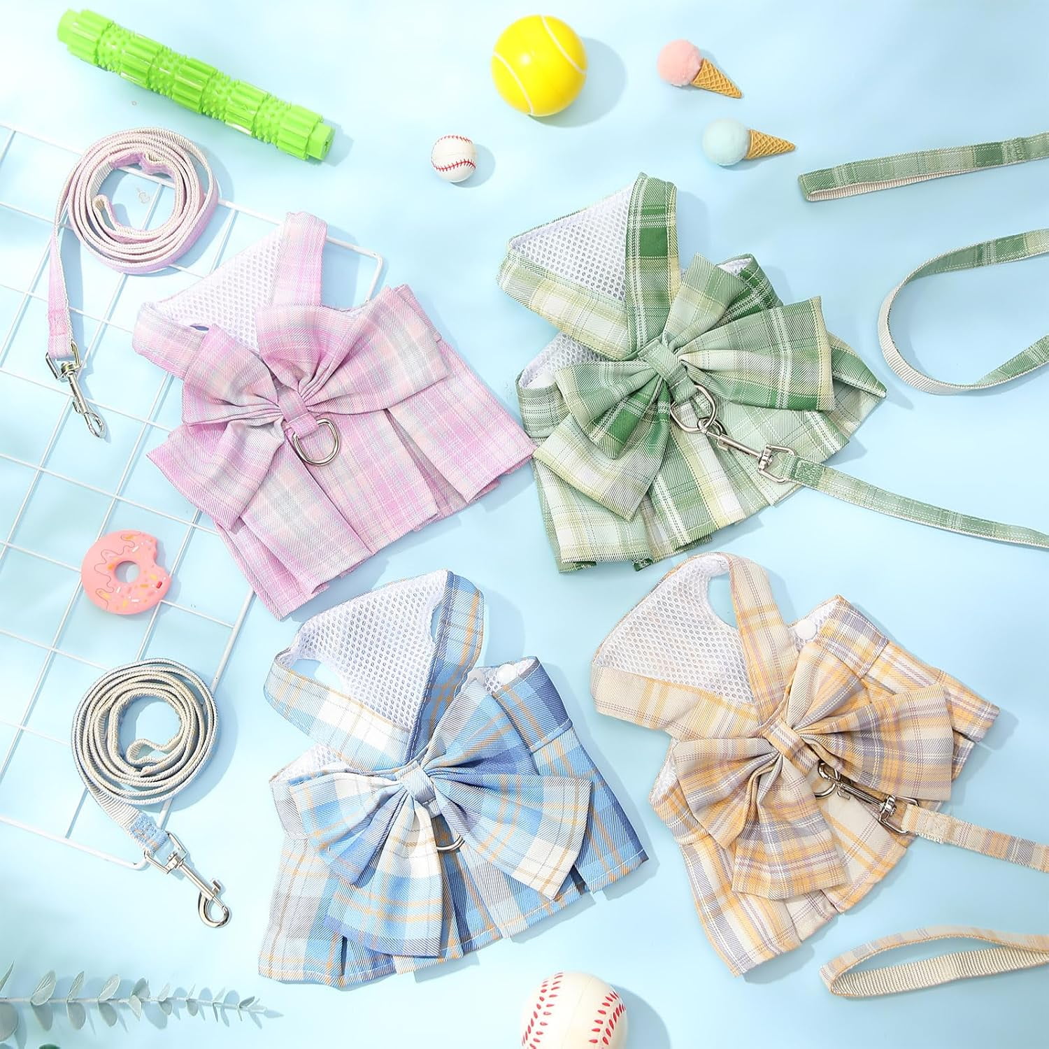 4 Pcs Cute Plaid Dog Dress Set with Bow Tie Harness & Leash for Small Dogs, Puppy Clothes for Girls Outfits(S,Dark Color) - Image 11