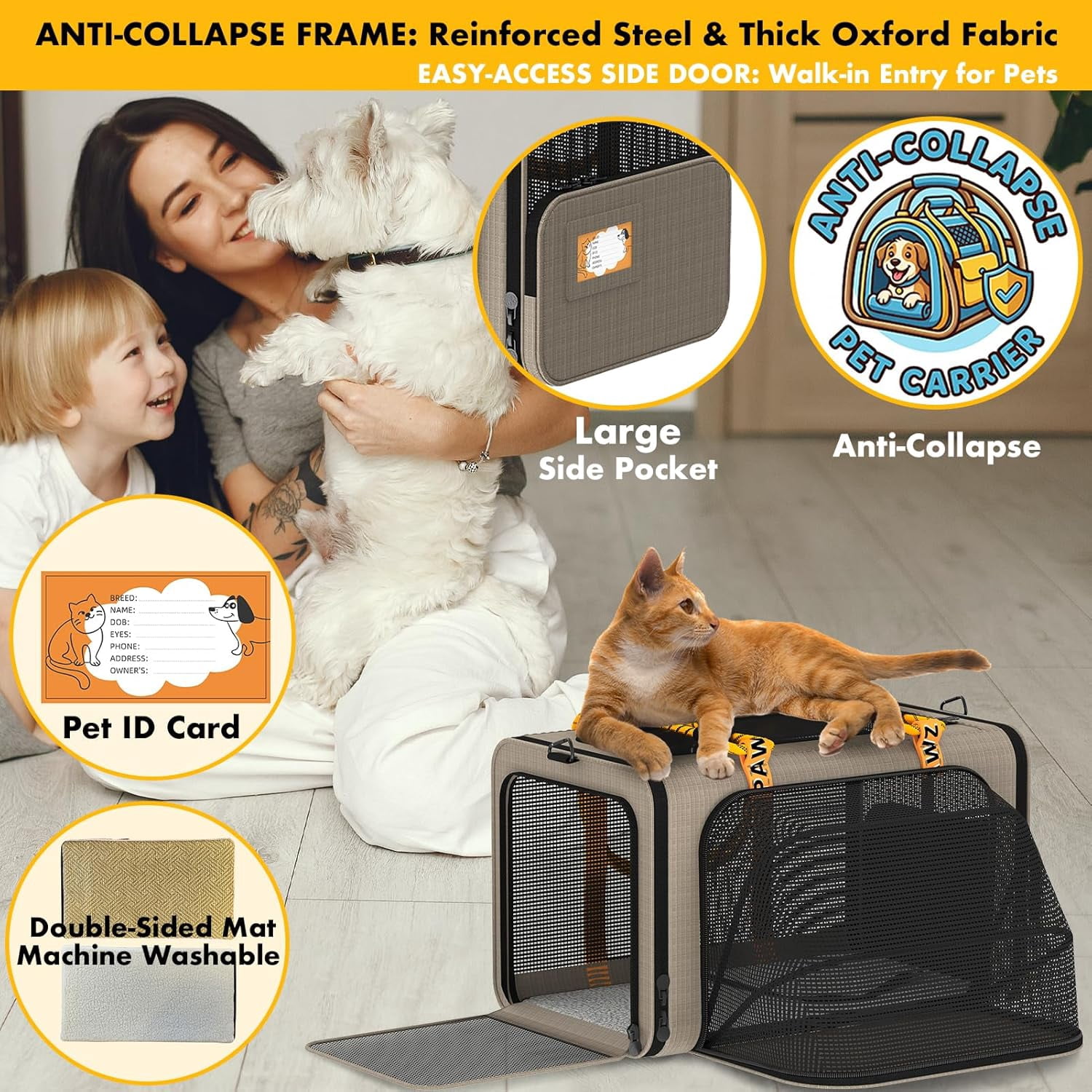 Expandable Pet Carrier TSA Airline Approved, 18″×11″×11″ Soft-Sided Top-Load Carriers for Small Dog & 2 Cats Under Seat, Collapsible Puppy & Animal Travel Bag Up to 18lbs, ID Card, Chew-Proof - Image 4