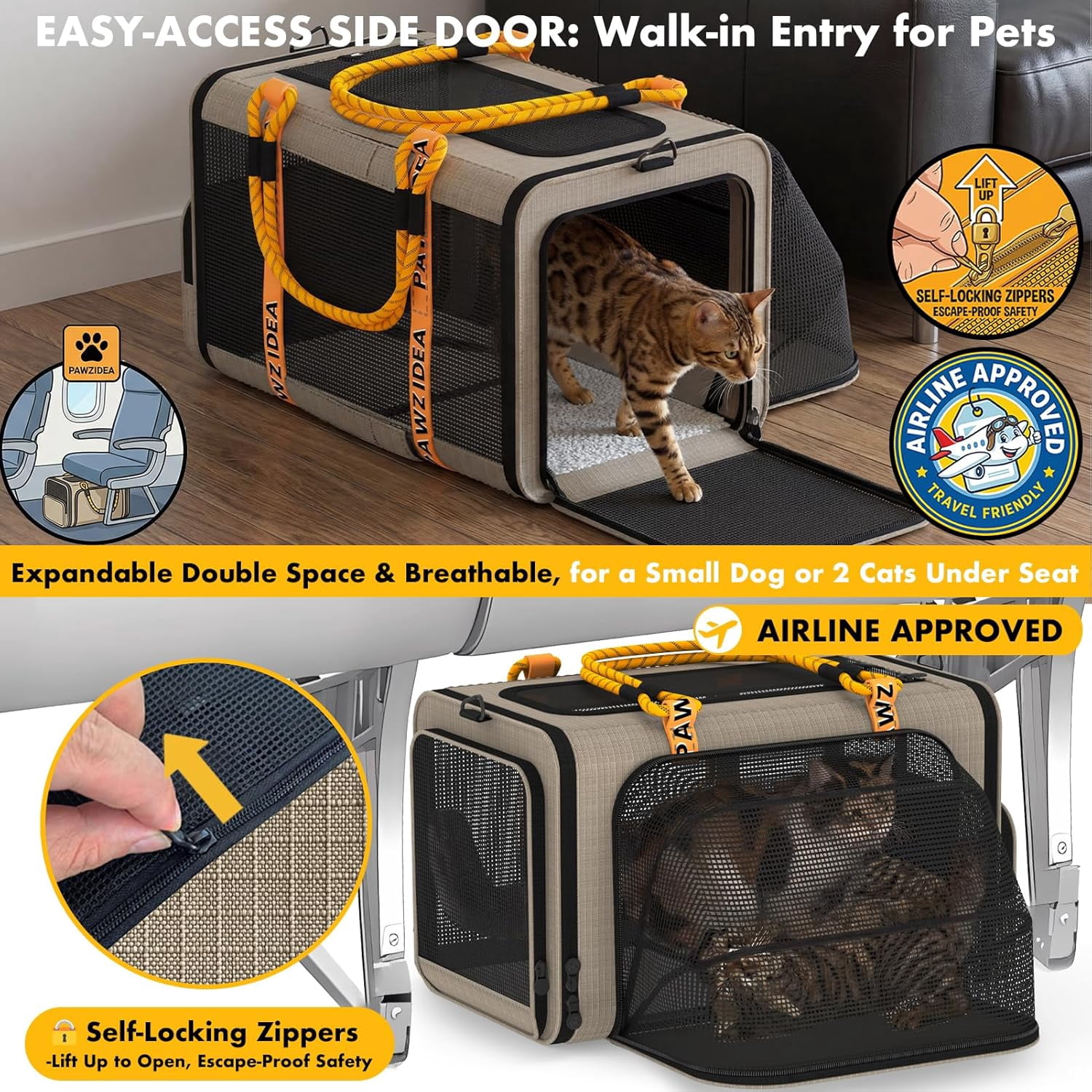 Expandable Pet Carrier TSA Airline Approved, 18″×11″×11″ Soft-Sided Top-Load Carriers for Small Dog & 2 Cats Under Seat, Collapsible Puppy & Animal Travel Bag Up to 18lbs, ID Card, Chew-Proof - Image 5