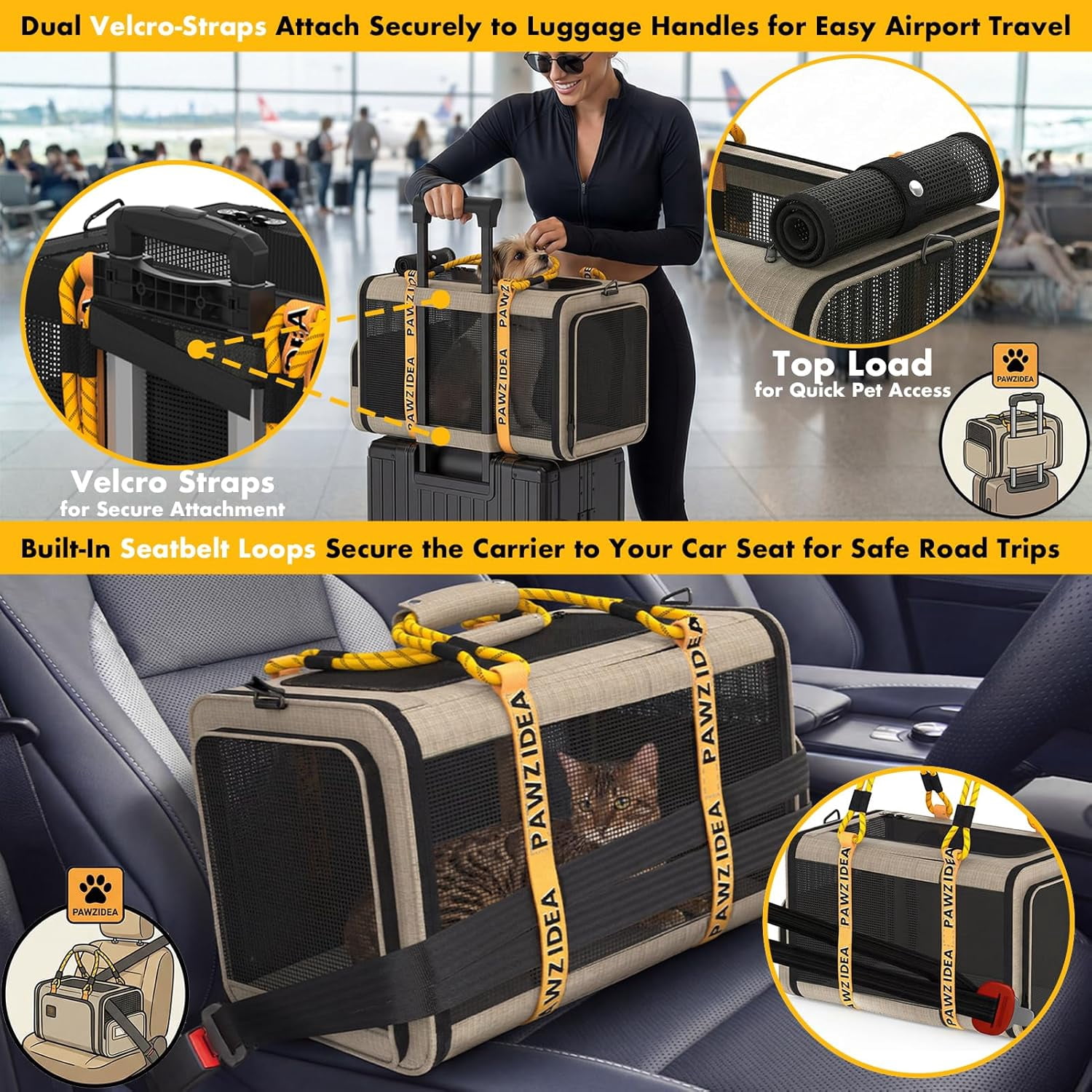 Expandable Pet Carrier TSA Airline Approved, 18″×11″×11″ Soft-Sided Top-Load Carriers for Small Dog & 2 Cats Under Seat, Collapsible Puppy & Animal Travel Bag Up to 18lbs, ID Card, Chew-Proof - Image 6