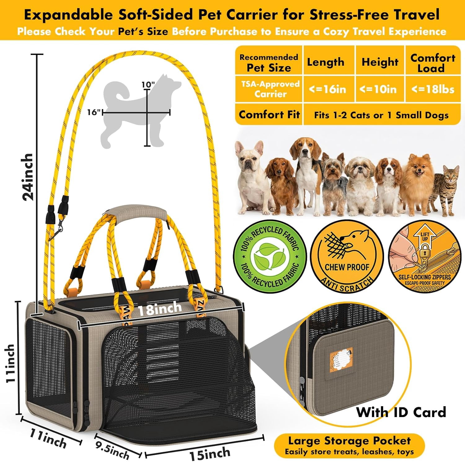 Expandable Pet Carrier TSA Airline Approved, 18″×11″×11″ Soft-Sided Top-Load Carriers for Small Dog & 2 Cats Under Seat, Collapsible Puppy & Animal Travel Bag Up to 18lbs, ID Card, Chew-Proof - Image 7