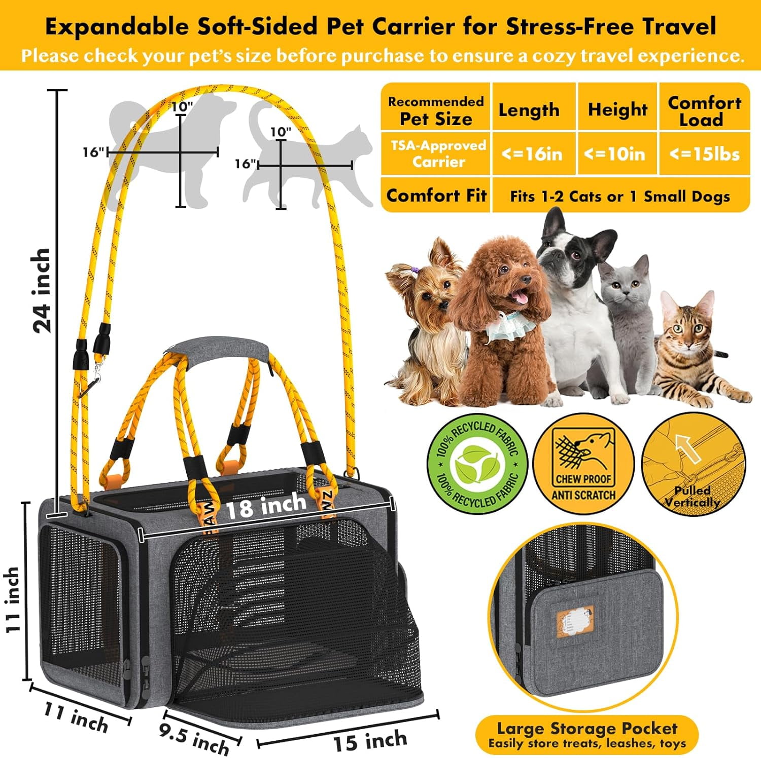 Expandable Pet Carrier TSA Airline Approved, 18″×11″×11″ Soft-Sided Top-Load Carriers for Small Dog & 2 Cats Under Seat, Collapsible Puppy & Animal Travel Bag Up to 18lbs, ID Card, Chew-Proof - Image 10