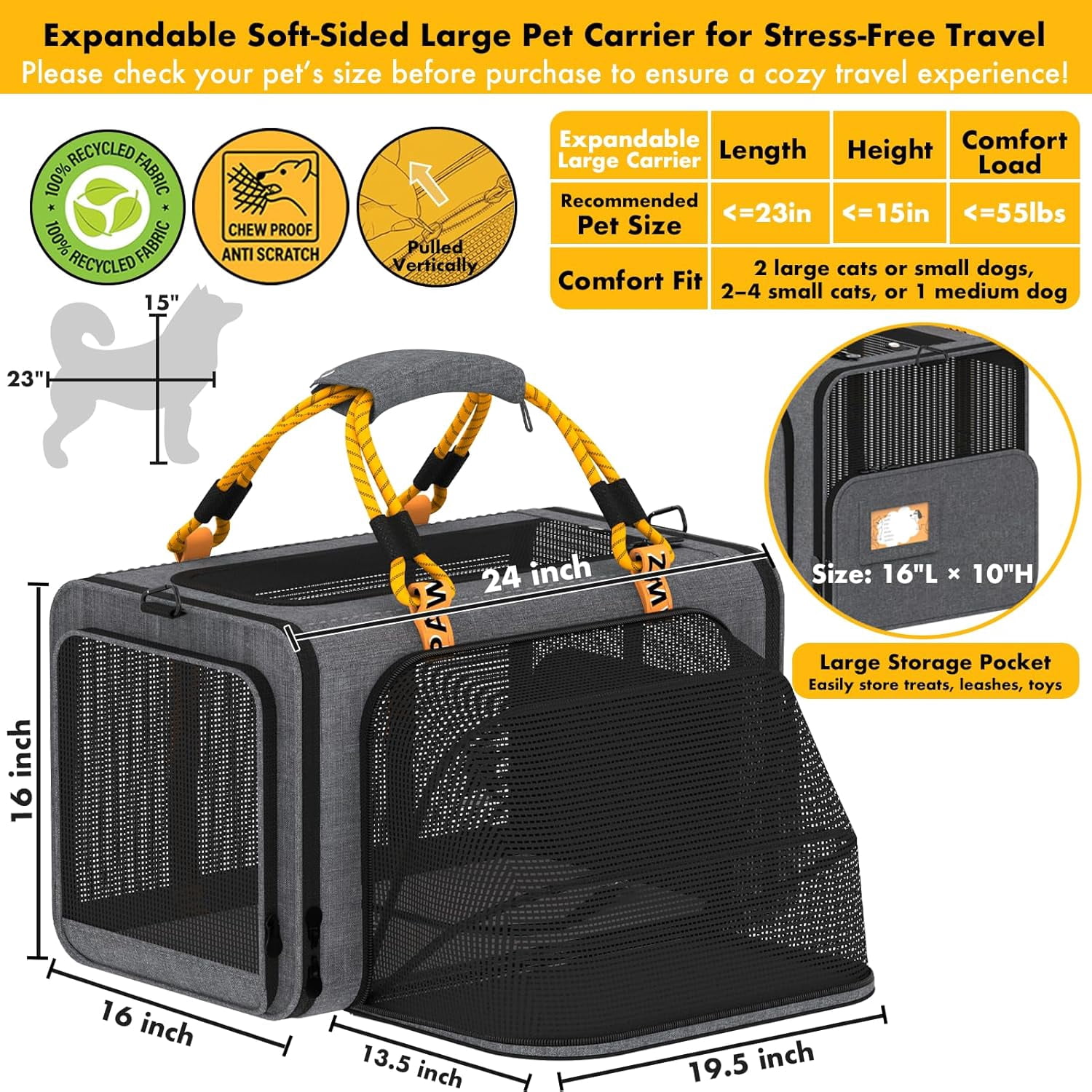 Expandable Pet Carrier TSA Airline Approved, 18″×11″×11″ Soft-Sided Top-Load Carriers for Small Dog & 2 Cats Under Seat, Collapsible Puppy & Animal Travel Bag Up to 18lbs, ID Card, Chew-Proof - Image 18
