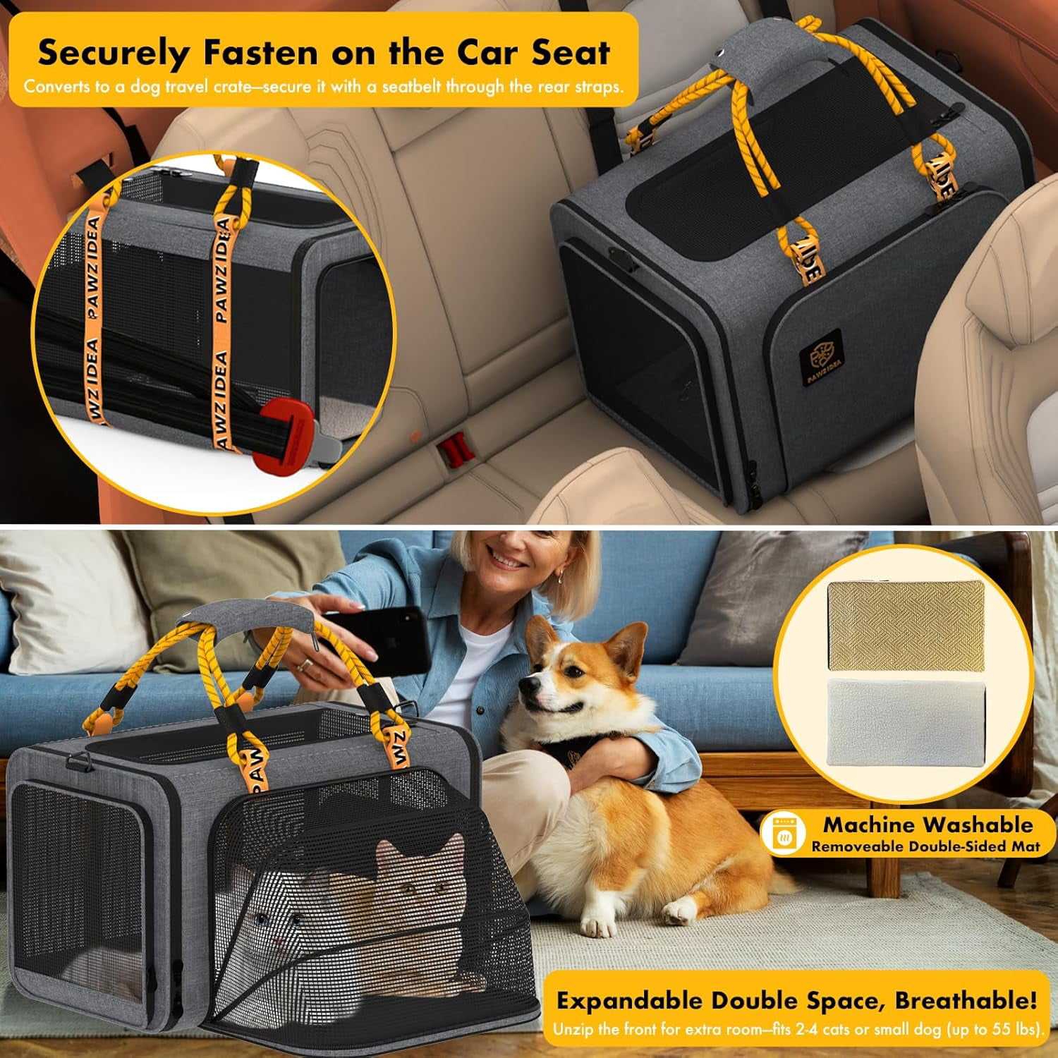 Expandable Pet Carrier TSA Airline Approved, 18″×11″×11″ Soft-Sided Top-Load Carriers for Small Dog & 2 Cats Under Seat, Collapsible Puppy & Animal Travel Bag Up to 18lbs, ID Card, Chew-Proof - Image 21