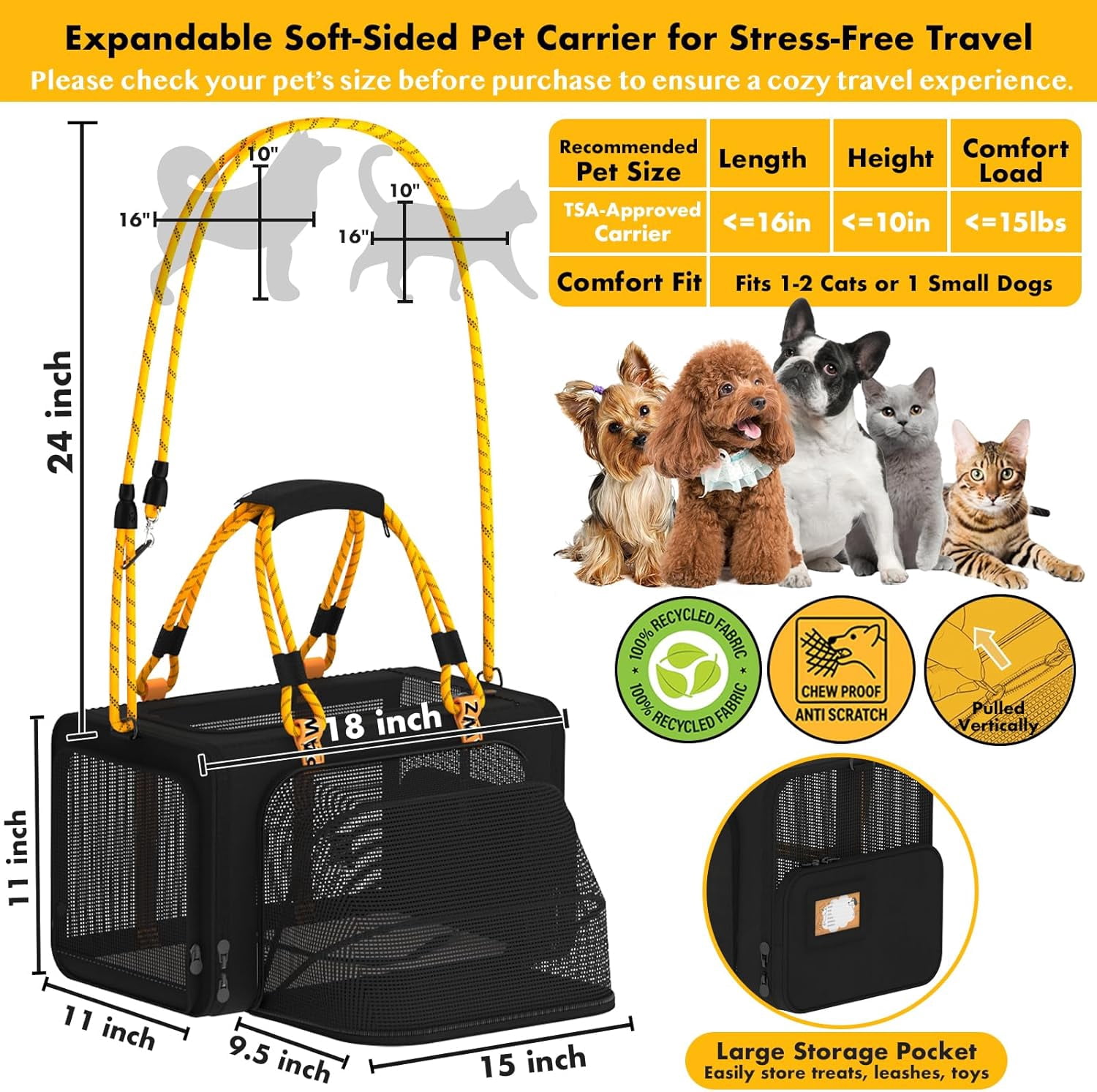 Expandable Pet Carrier TSA Airline Approved, 18″×11″×11″ Soft-Sided Top-Load Carriers for Small Dog & 2 Cats Under Seat, Collapsible Puppy & Animal Travel Bag Up to 18lbs, ID Card, Chew-Proof - Image 25