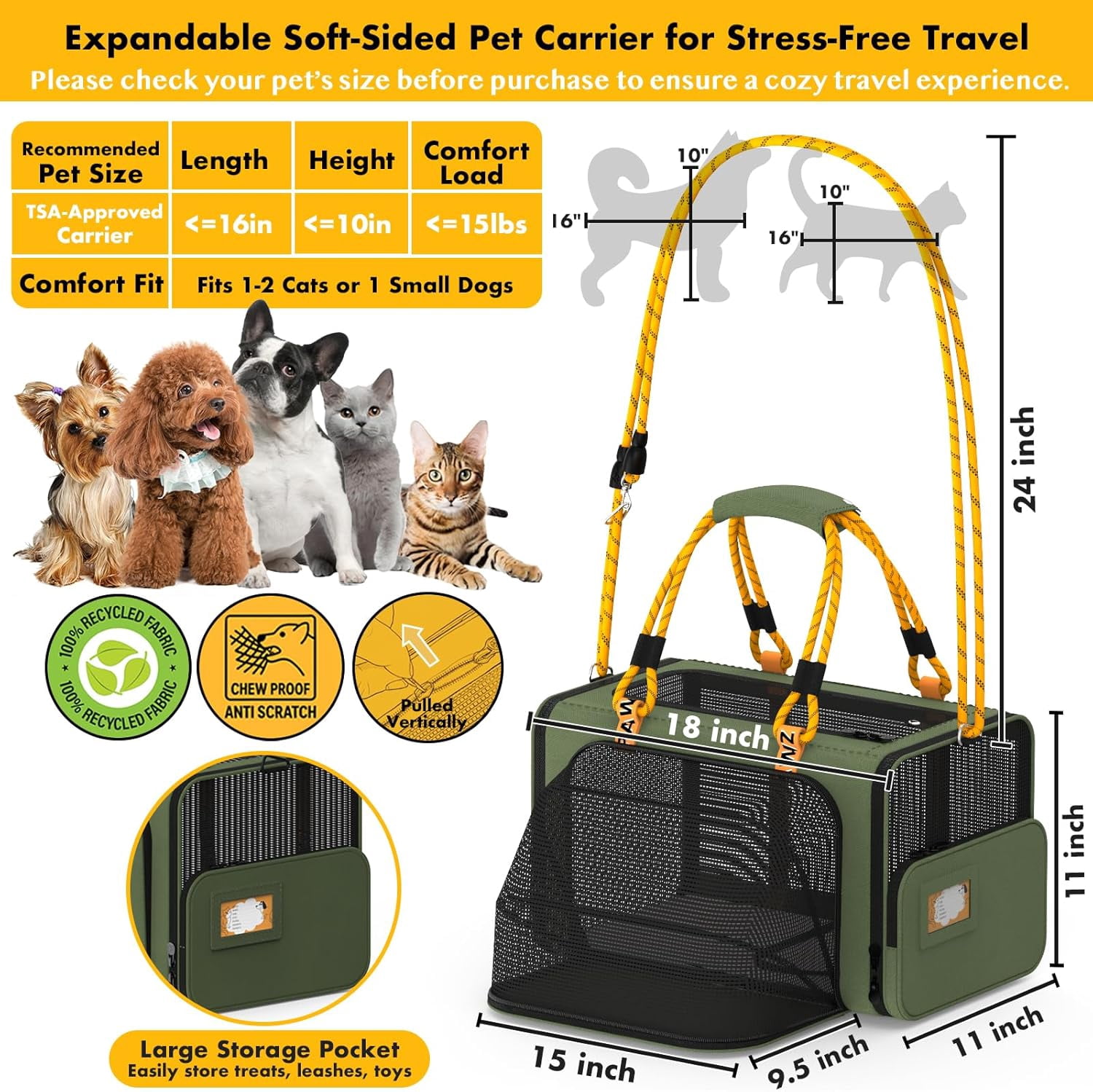 Expandable Pet Carrier TSA Airline Approved, 18″×11″×11″ Soft-Sided Top-Load Carriers for Small Dog & 2 Cats Under Seat, Collapsible Puppy & Animal Travel Bag Up to 18lbs, ID Card, Chew-Proof - Image 33