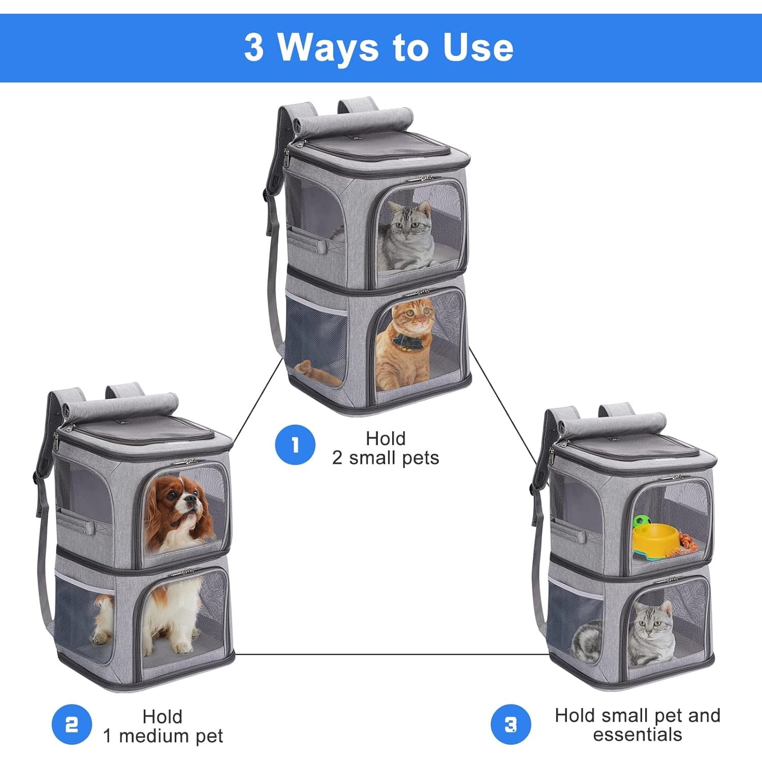 2-in-1 Double Pet Carrier Backpack for Small Cats and Dogs, Portable Pet Travel Carrier, Super Ventilated Design, I for Traveling/Hiking/Camping, Large Size - Image 3