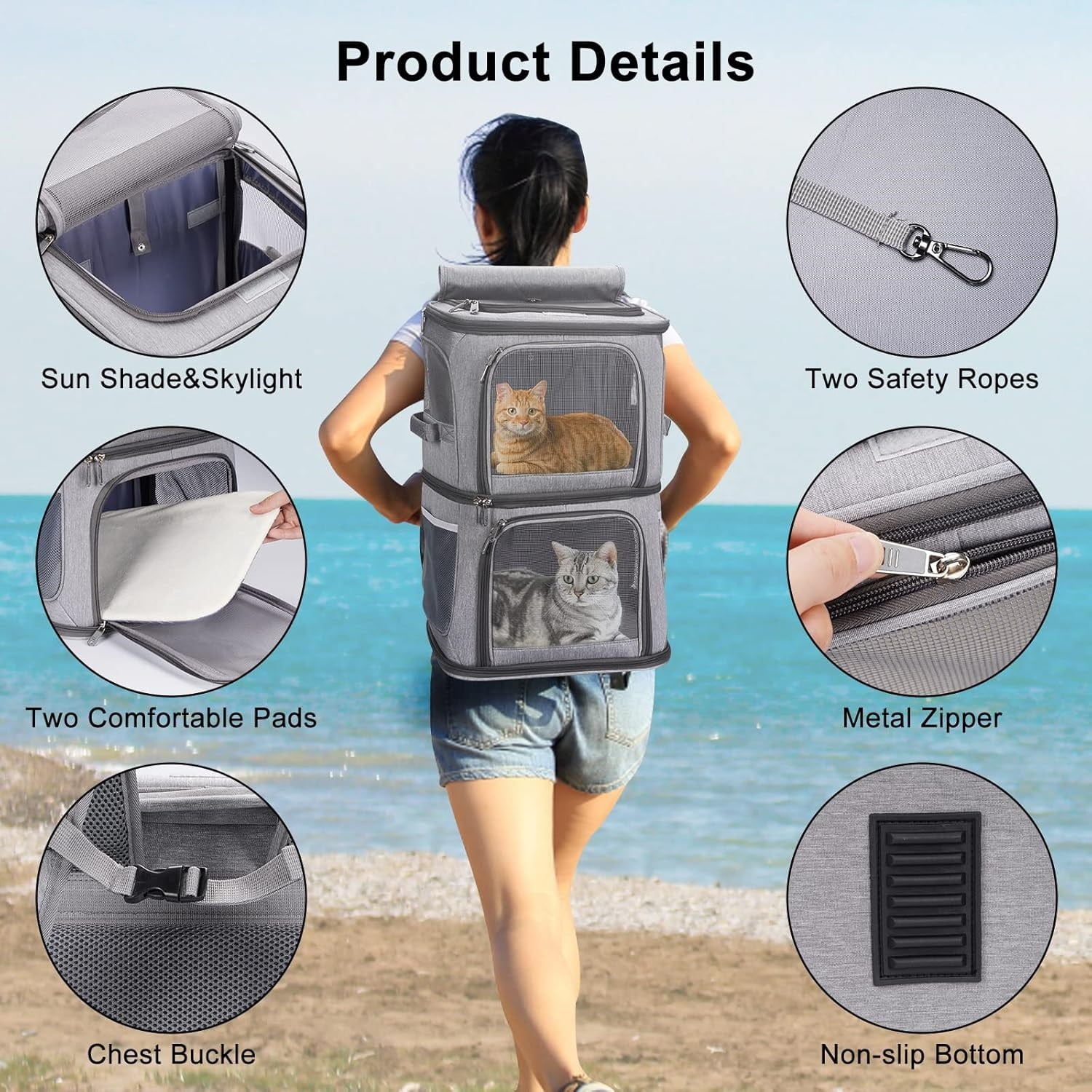 2-in-1 Double Pet Carrier Backpack for Small Cats and Dogs, Portable Pet Travel Carrier, Super Ventilated Design, I for Traveling/Hiking/Camping, Large Size - Image 5