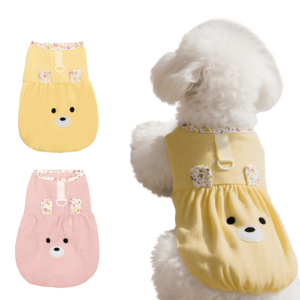 Bear Dog Dress Harness D-Ring, Cotton Blend Pet Costume Outfit for Small Medium Dogs Cats Daily Walks S M L, Yellow Pink