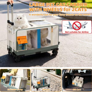 Large Cat Carrier with Wheels for 2 Cat, Double Rolling Pets Carrier on Wheel, Foldable Soft-Sided Carriers with Telescopic Handle, Shoulder Strap for Small Dogs Travel Bag for Outdoor Hiking Camping