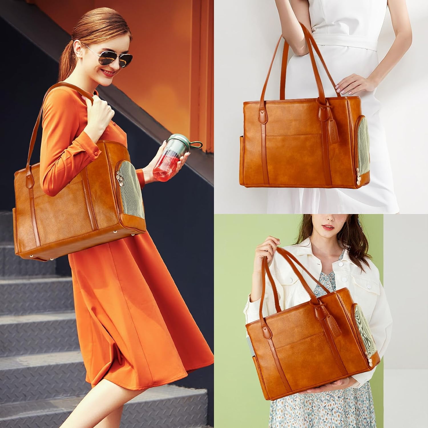 Stylish Dog Purse Carrier, Leather Pet Carrier Bag for Small Dogs Cats Puppy, Airline Approved Soft-Sided Carrier Brown - Image 6