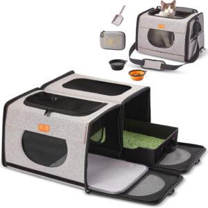 Large Cat Carrier with Litter Box for Car Travel, Pet Carrier Bag 2-in-1，Double Cat Travel Transport Carrier for Long Distance, Collapsible Dog Crate, Cat Bag for Kitten 2 Cats