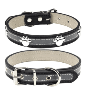 Reflective Dog Collar with Cute Paw Rivet Studded Funny Soft Leather Adjustable Puppy Dog Collars for Small Medium Large Dogs Cats (Black,Small)
