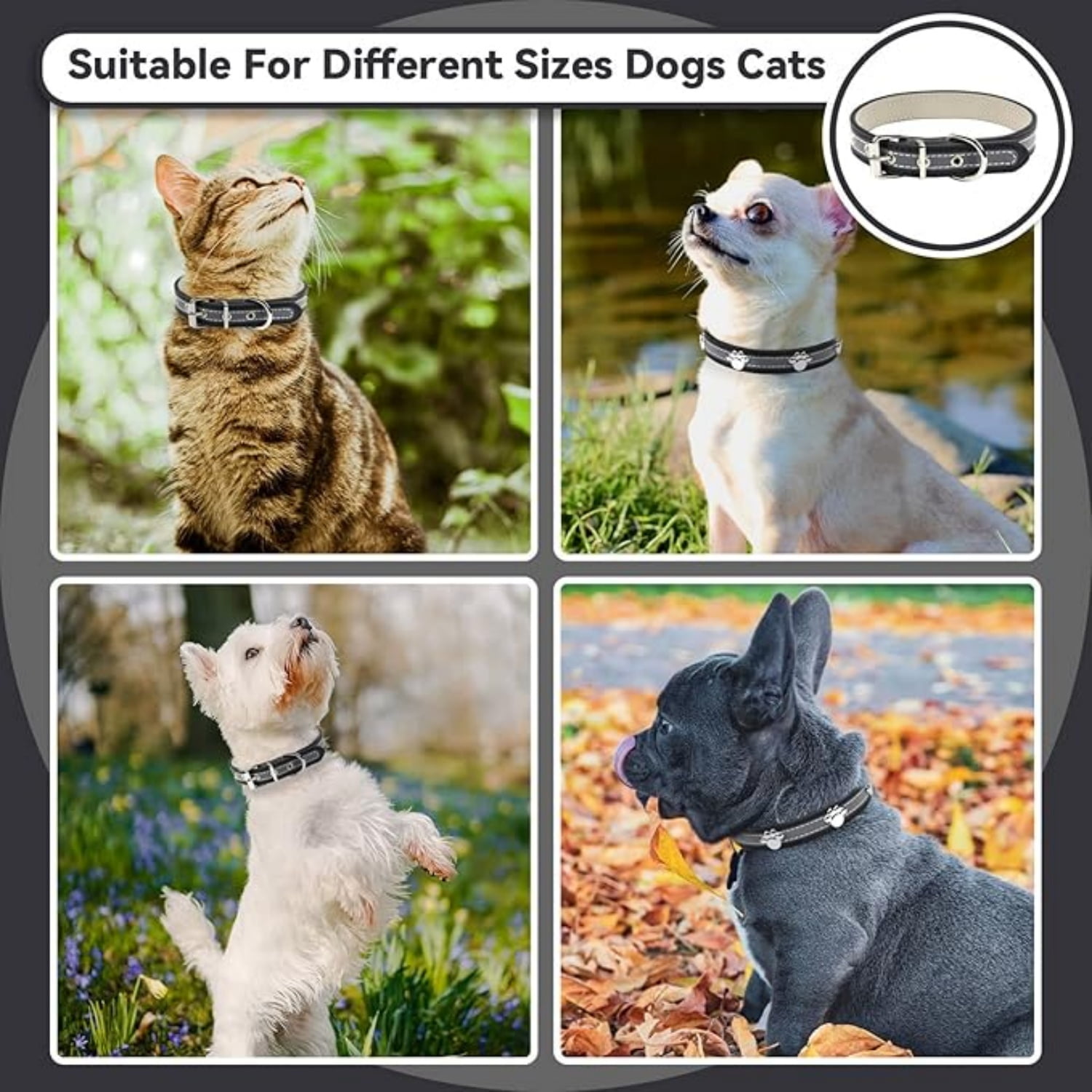 Reflective Dog Collar with Cute Paw Rivet Studded Funny Soft Leather Adjustable Puppy Dog Collars for Small Medium Large Dogs Cats (Black,Small) - Image 2