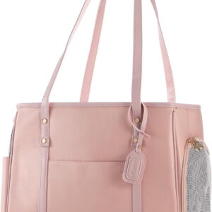 Fashion Dog Carrier Purse, Premium Leather Cat Carrier Bag, Airline Approved Soft Sided Pet Travel Tote Bag with Pockets Pink