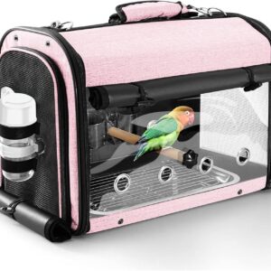 Bird Carrier Bag Bird Travel Cage with Stand, Lightweight Backpack for Parrot, Portable Bird Travel Bag, Pet Transparent Breathable Travel Cage, Pink