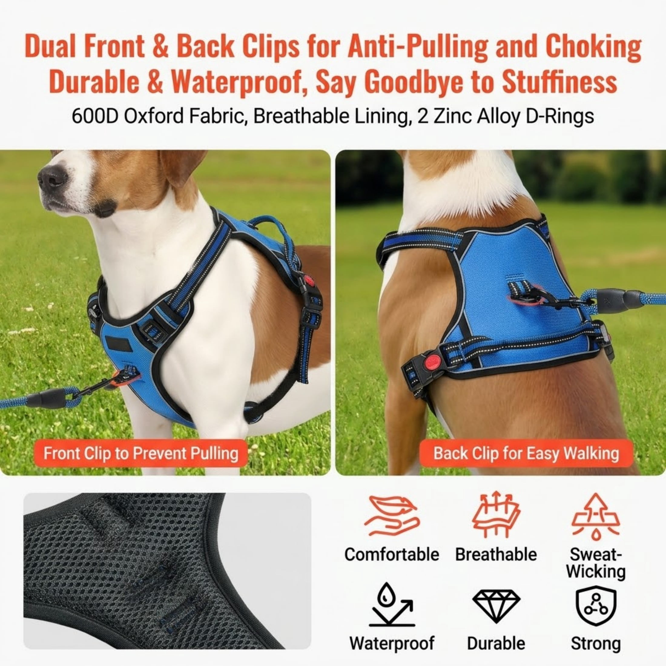 No Pull Dog Harness for Large Dogs, Adjustable Oxford Vest with 5ft Leash, Reflective & Heavy Duty, Black - Image 2