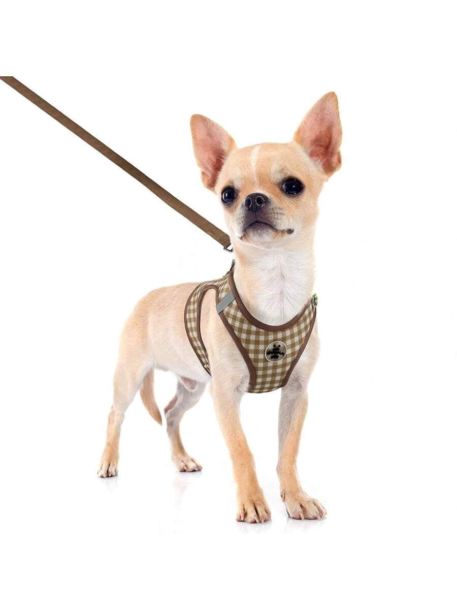 2PCS Pet Harness & Leash Set, Plaid Design, Reflective Strips, Breathable Polyester