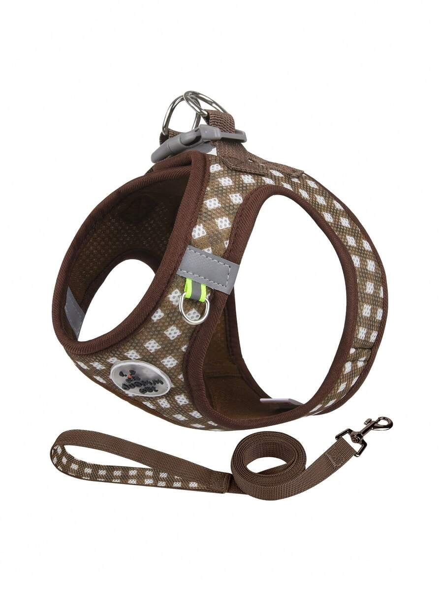 2PCS Pet Harness & Leash Set, Plaid Design, Reflective Strips, Breathable Polyester - Image 3