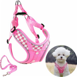 Denim French Bulldog Harness with Leash Set, with Breathable Padded Puppy Harness for Small Dogs Training and Walking (XS Pink)