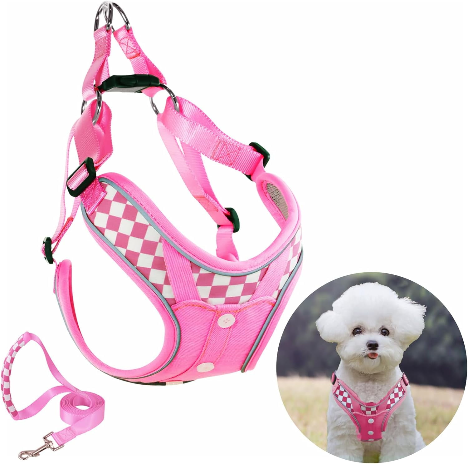 Denim French Bulldog Harness with Leash Set, with Breathable Padded Puppy Harness for Small Dogs Training and Walking (XS Pink)