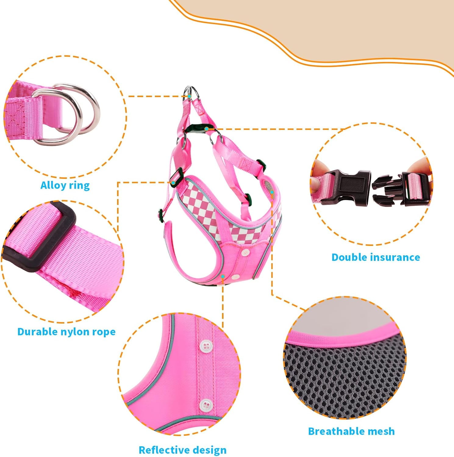 Denim French Bulldog Harness with Leash Set, with Breathable Padded Puppy Harness for Small Dogs Training and Walking (XS Pink) - Image 2