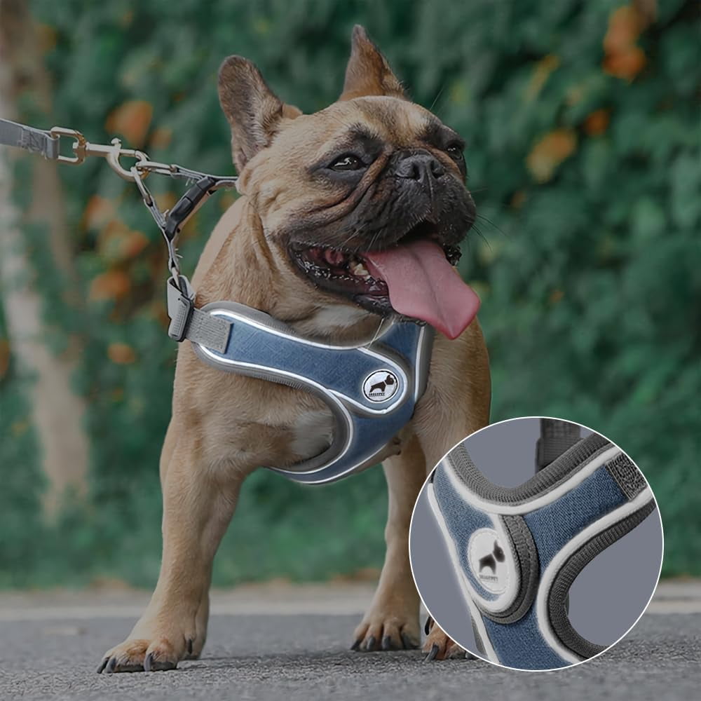 Denim French Bulldog Harness with Leash Set, with Breathable Padded Puppy Harness for Small Dogs Training and Walking (XS Pink) - Image 7