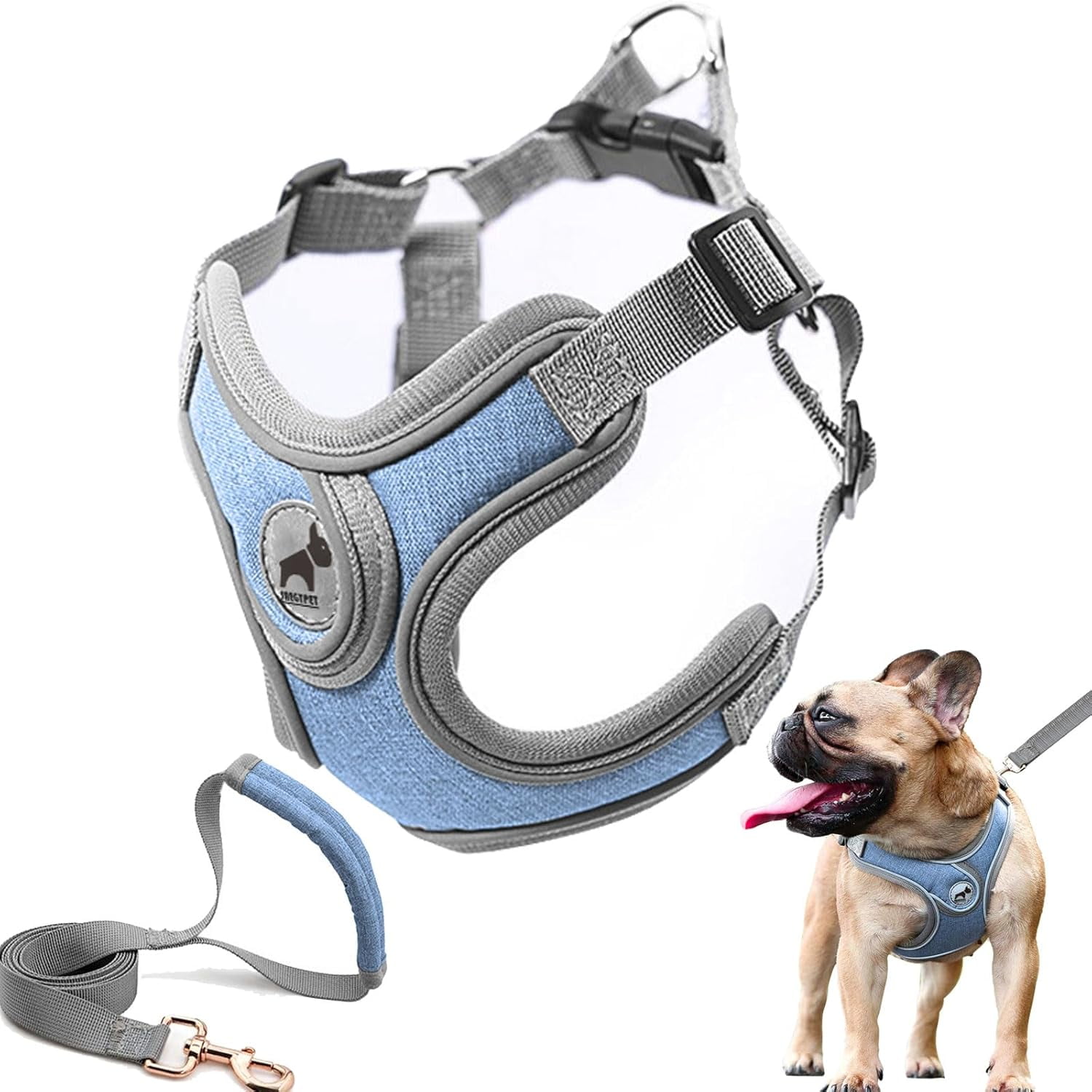 Denim French Bulldog Harness with Leash Set, with Breathable Padded Puppy Harness for Small Dogs Training and Walking (XS Pink) - Image 18