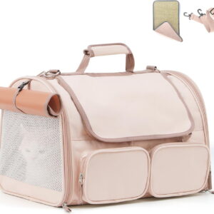 Cat Carrier, 4 Mesh Windows Small Dog Carrier, 4 Storage Pockets Cat Travel Bag, Under 15 lb Airline Approved Pet Carrier, Rollable Cover for Nervous Cats, Pink