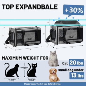 Cat Carrier Top-Expandable 18x11x11, United American Airline Approved Dog Carrier, Soft-Sided Pet Carry Bag Under-Seat in Cabin, Puppy Airplane Travel Crate TSA Plane Kitten Cage Grey