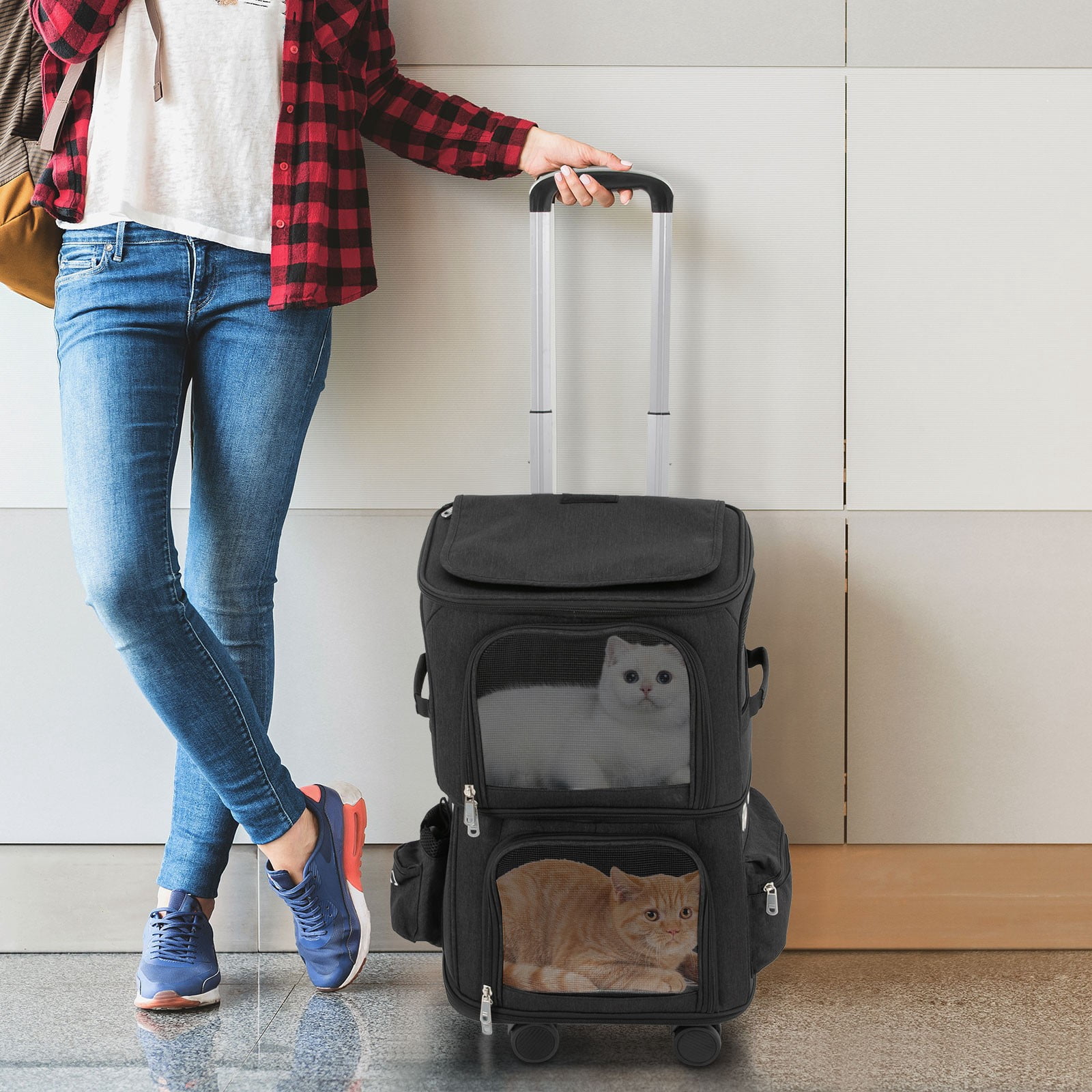 1 PCS Black Double-Compartment Pet Rolling Carrier, Pet Carrier with Wheels, Pet Trolley Bag, Max. Load Capacity: About 10kg/ 22.05 lbs - Image 2