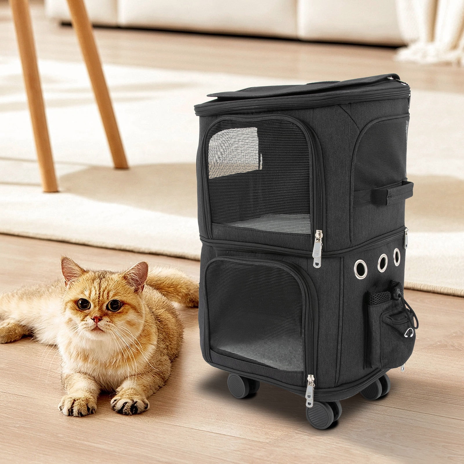 1 PCS Black Double-Compartment Pet Rolling Carrier, Pet Carrier with Wheels, Pet Trolley Bag, Max. Load Capacity: About 10kg/ 22.05 lbs - Image 6