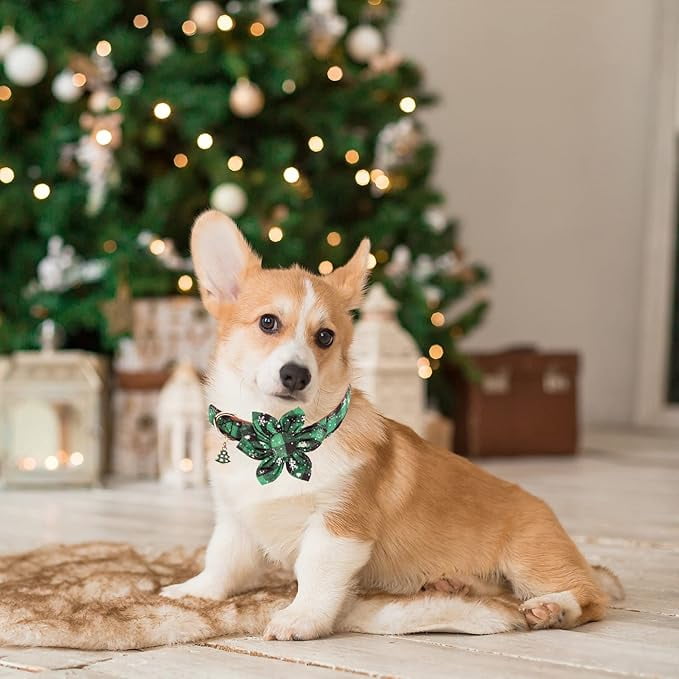 ADOGGYGO Christmas Dog Collar with Bow Tie Adjustable Dog Bowtie Collar Red Green Plaid Pet Christmas Collars for Medium Dogs (Medium) - Image 3