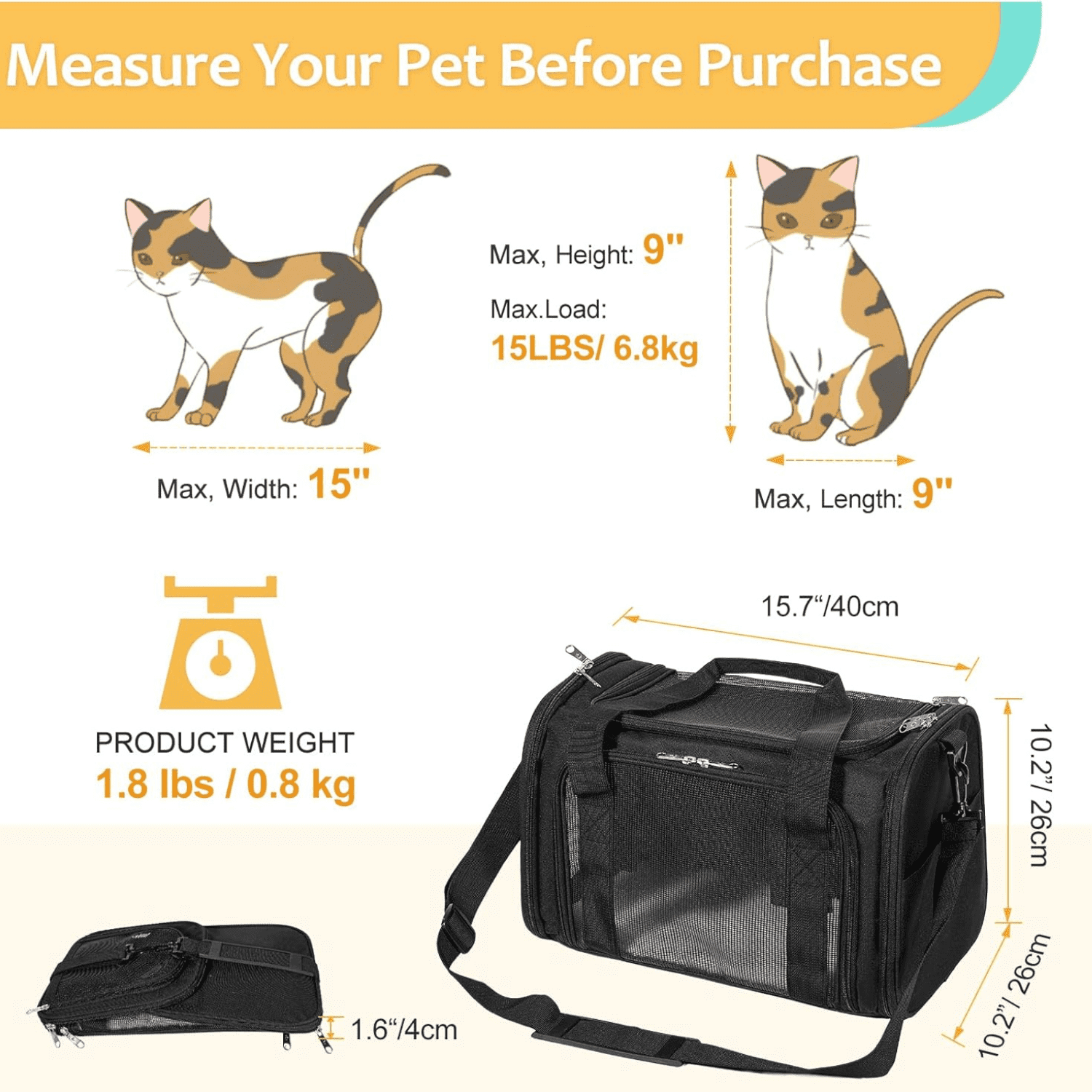 TSA Airline Approved Pet Carrier for Cats & Small Dogs Up to 15 lbs - Soft Sided Collapsible Travel Carrier with Mesh Windows - Under Seat Puppy Kitten Carrier Bag - Image 4